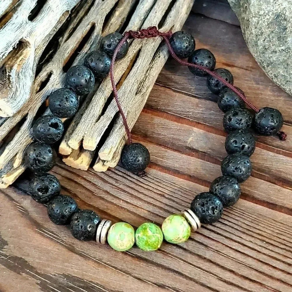 Handcrafted Chakra Bracelet Green Aqua Terra Jasper Black Lava - Picture 3 of 7